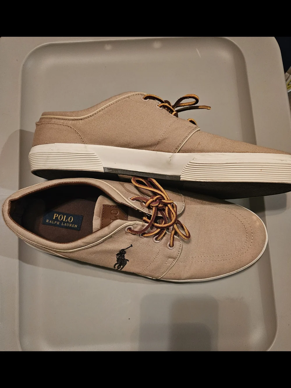 Polo by Ralph Lauren Faxon Beige/Tan Canvas Boat Shoes with Leather Accents